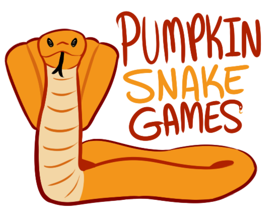 A logo of a bright orange cartoon snake labeled Pumpkin Snake Games.